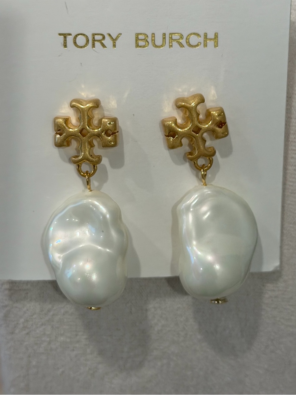 Tory Burch Gold Logo Drop Earrings with White Baroque Pearls